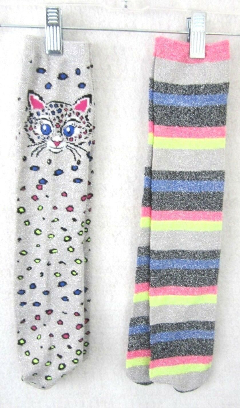 Novelty Socks 2 Pair Adult Sparkle Cat Kitten Stripes Stretch 18" Long Gift Idea