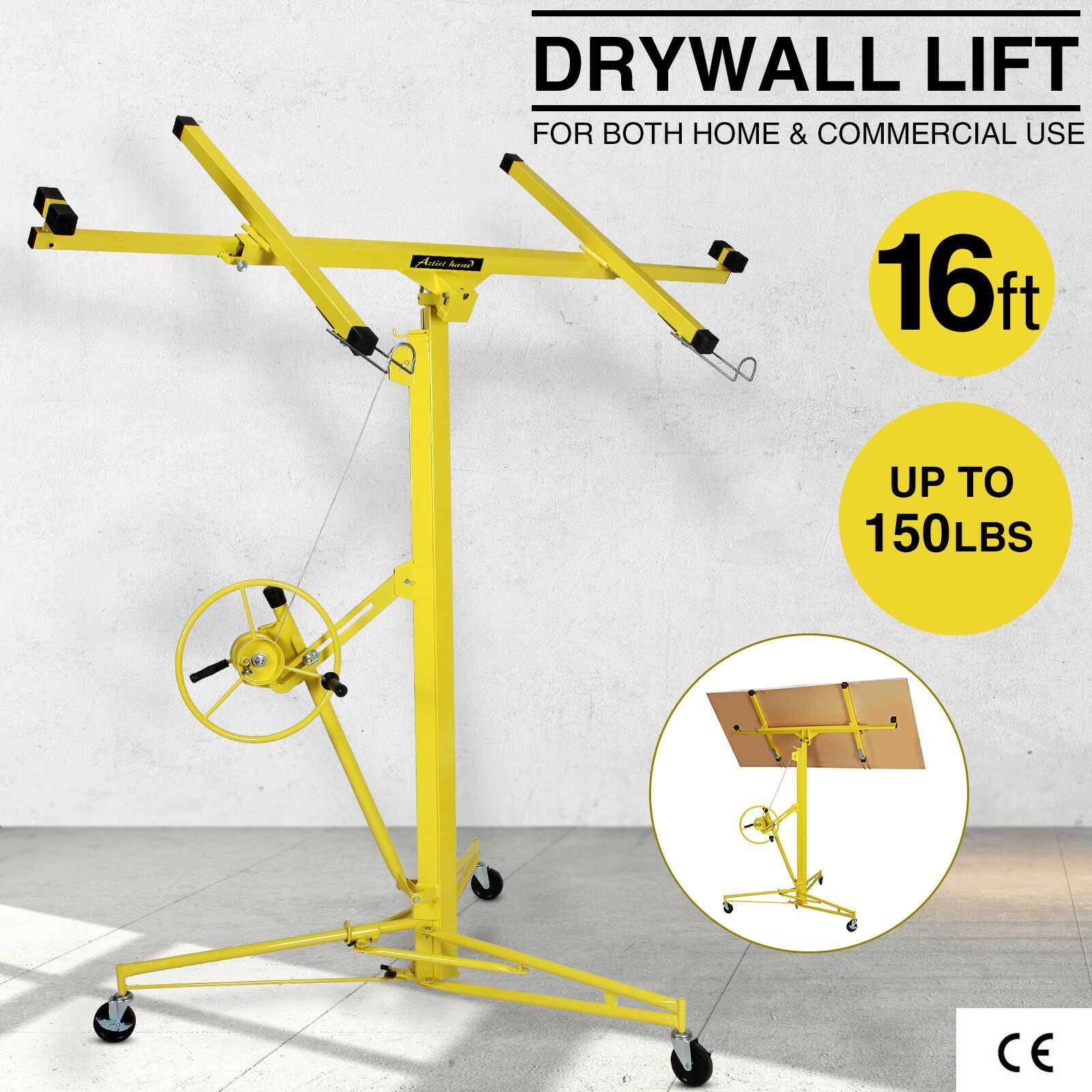 16-19' Drywall Panel Lifter Hoist Jack Rolling Caster Lockable Diy Tool Yellow